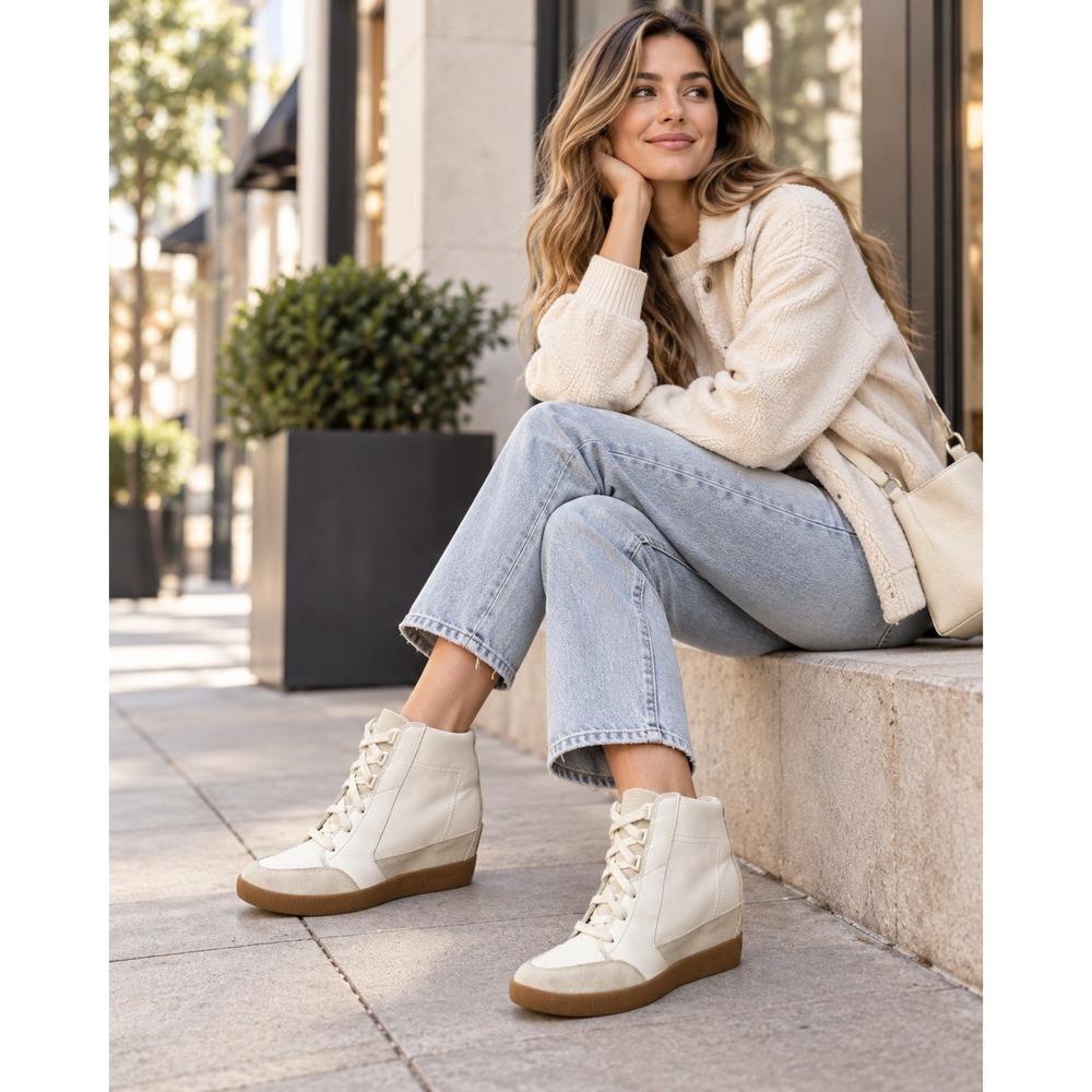 Sorel Evie Street Wedge Sneaker Boots Size 8 White Leather Suede Gum Sole #1589
